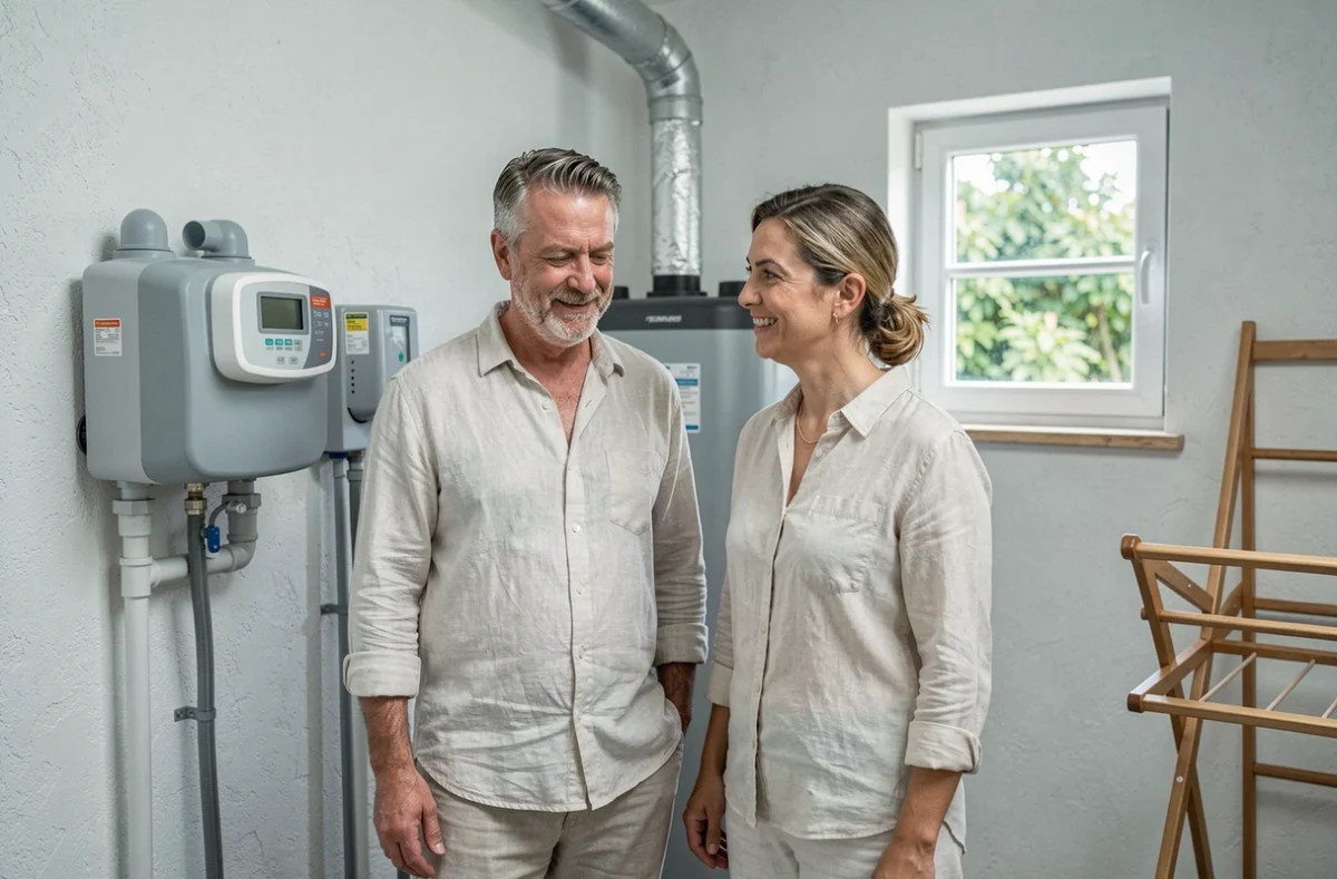 Couple consultant un compteur d'eau numérique et un système de recyclage des eaux grises dans une maison bioclimatique