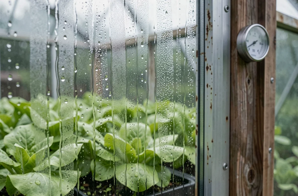 Gros plan sur la condensation formant des gouttelettes d'eau sur la paroi vitrée d'une serre de jardin avec hygromètre visible