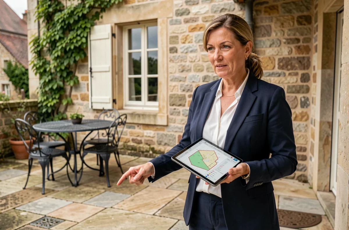 Conseillère fiscale expliquant la réglementation sur la surface de terrasse soumise à la taxe foncière