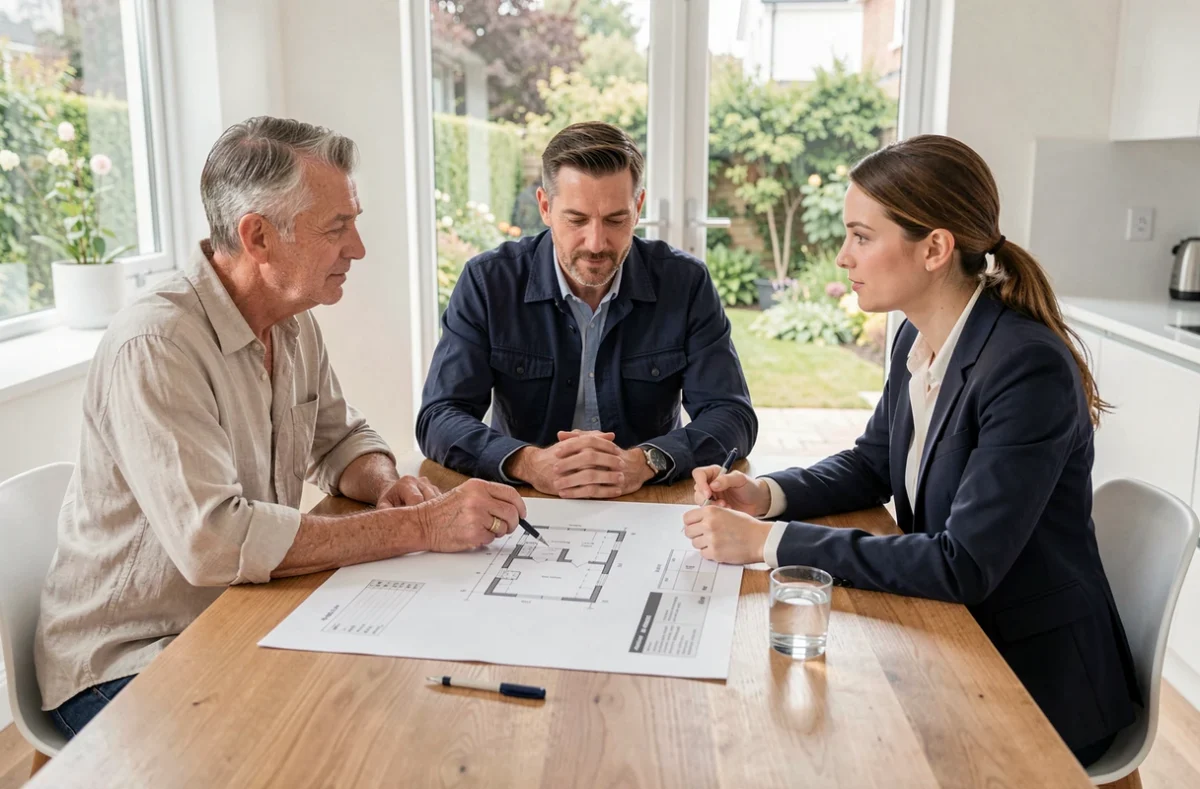 Couple consultant une architecte pour obtenir un devis de plans pour une extension résidentielle