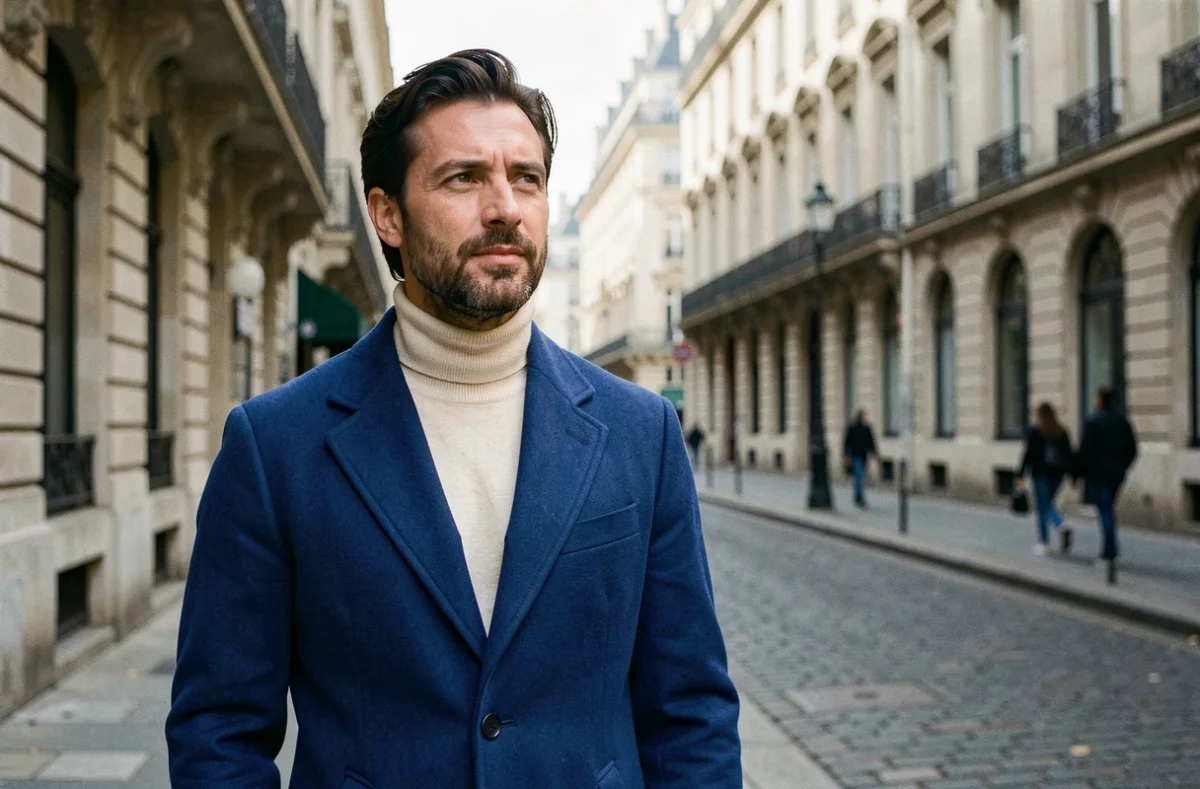 Homme en manteau bleu cobalt tendance dans une rue parisienne aux façades haussmanniennes