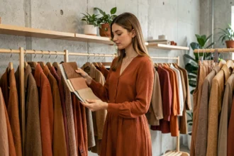 Jeune femme en robe terracotta tendance dans une boutique de mode minimaliste aux tons chauds