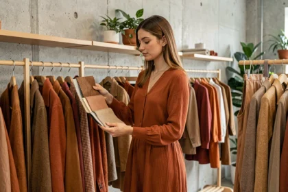 Jeune femme en robe terracotta tendance dans une boutique de mode minimaliste aux tons chauds