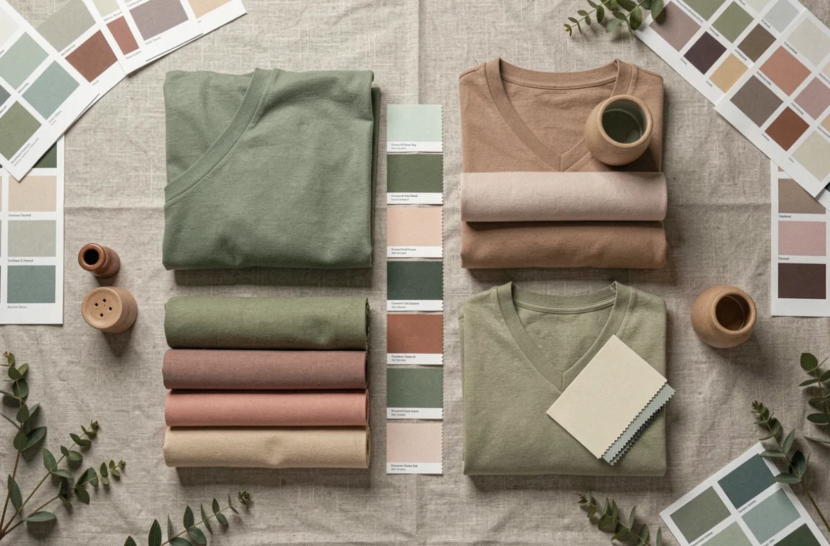 Flat lay de tissus et échantillons de couleurs tendance en vert sauge et beige chaud sur fond lin