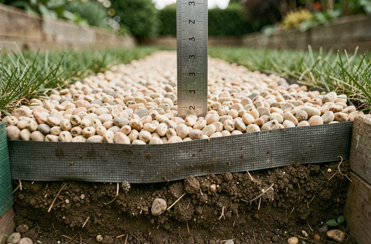 Coupe transversale d'une allée de jardin montrant les couches de géotextile et de gravier de pois avec une règle mesurant la profondeur