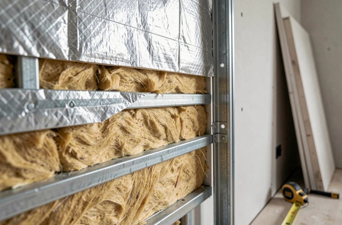 Coupe transversale d'un mur intérieur isolé montrant les couches de laine minérale, pare-vapeur et ossature métallique