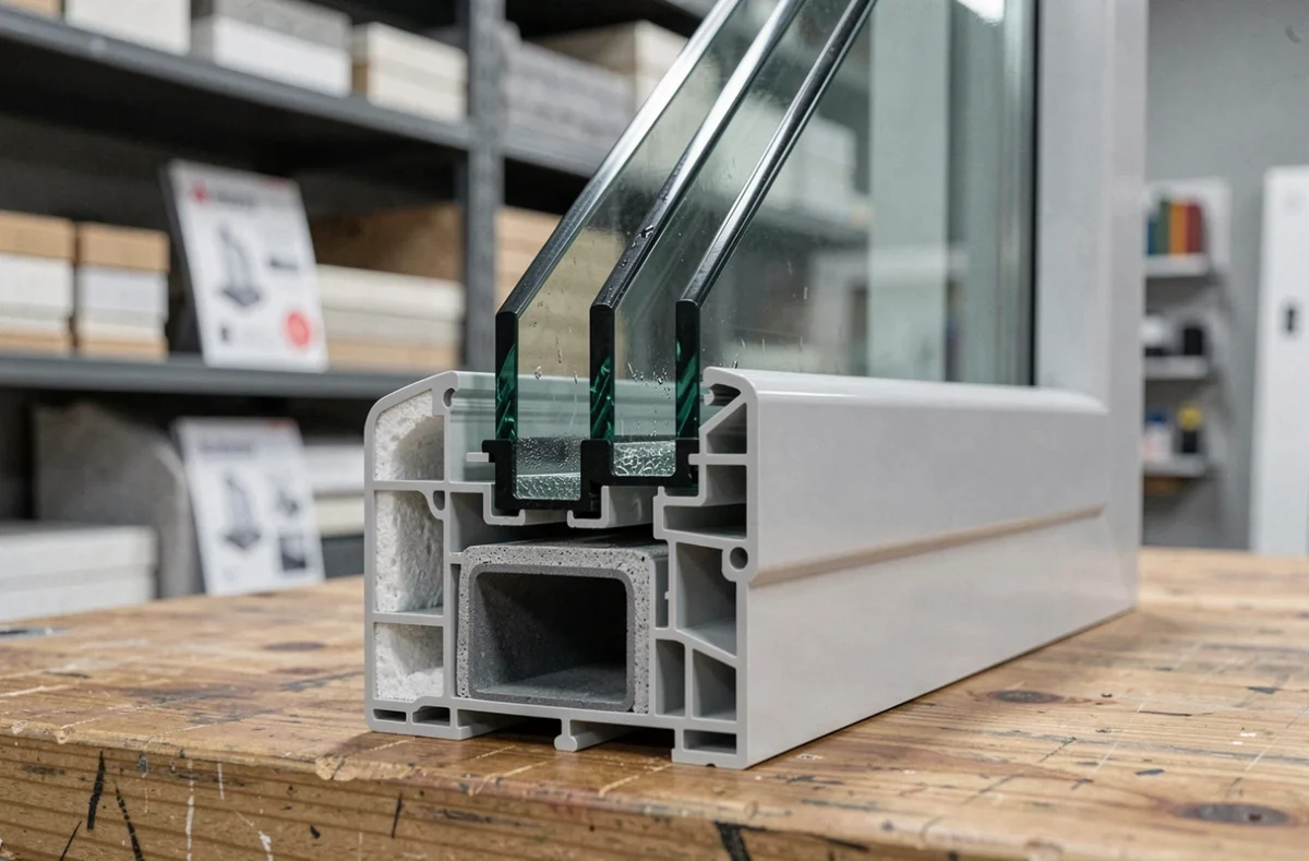 Coupe transversale d'un triple vitrage montrant les trois couches de verre et les intercalaires, pour comparer les performances isolantes