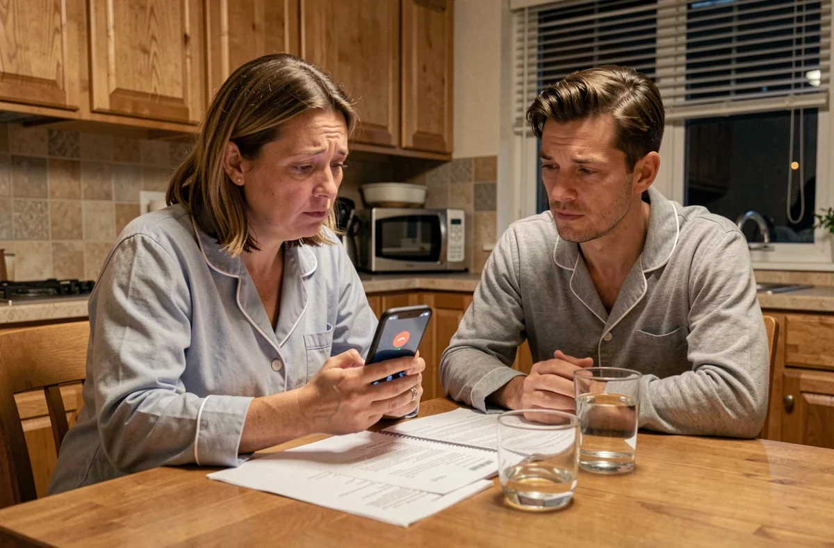 Couple appelant la police sur smartphone la nuit à cause de l'alarme du voisin qui se déclenche