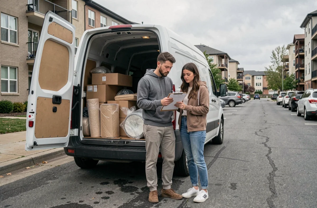 Couple consultant une liste de contrôle devant un camion de déménagement chargé dans une rue résidentielle