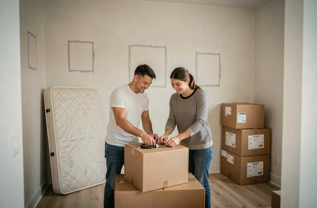 Couple en train de scotcher et étiqueter des cartons dans une chambre vide avant un déménagement