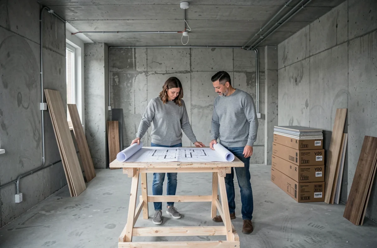 Couple examinant des plans d'architecte dans un salon en cours de rénovation pour estimer le coût des travaux d'aménagement