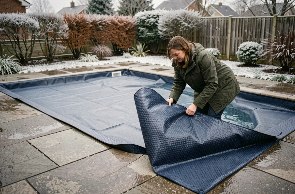 Femme déployant une couverture solaire thermique sur une piscine extérieure en hiver pour conserver la chaleur