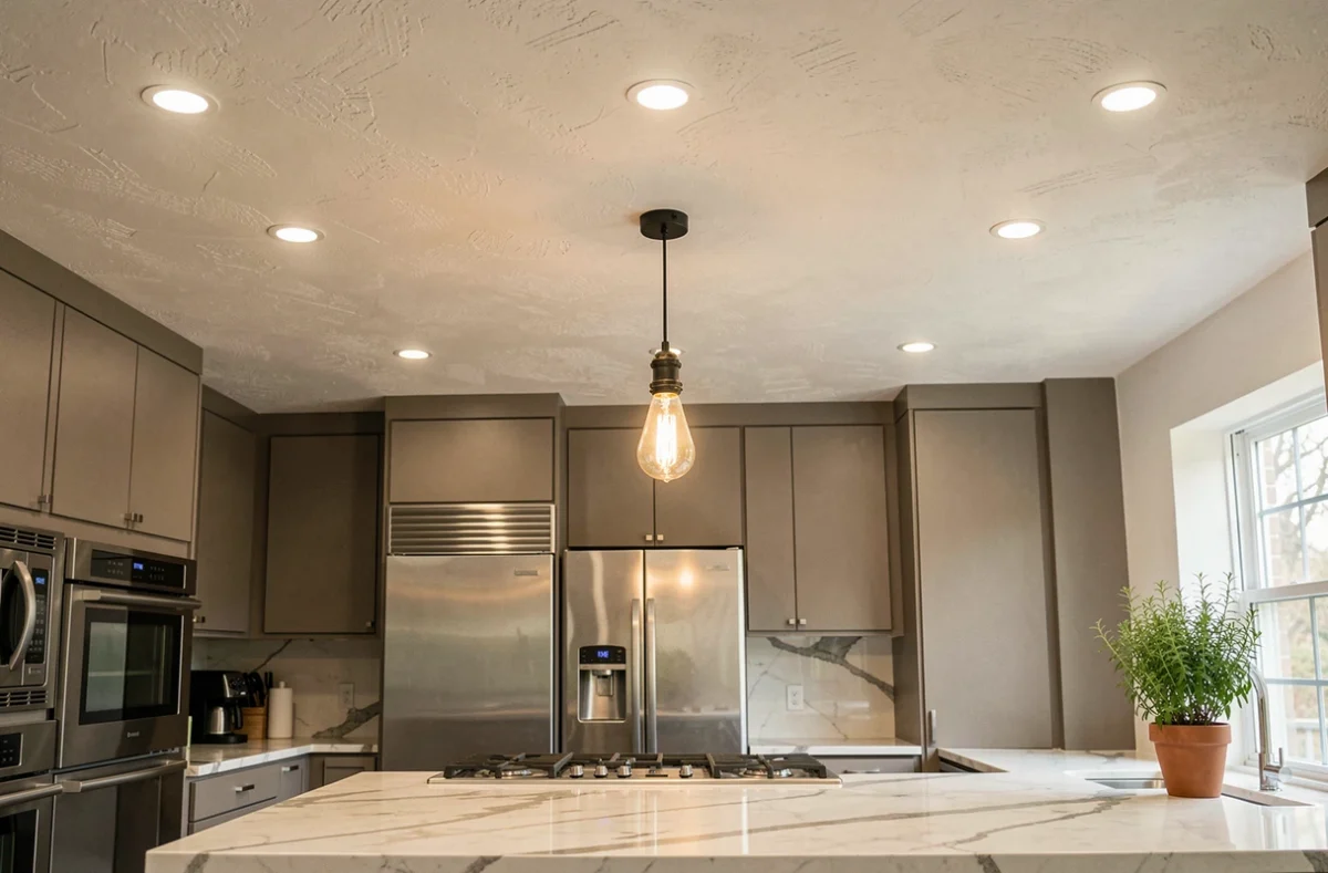 Cuisine moderne équipée d'ampoules LED encastrées contrastant avec une ampoule incandescente vintage suspendue, illustrant les différences d'efficacité énergétique