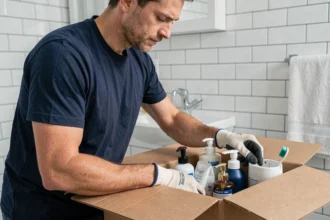 Déménageur professionnel emballant des articles de toilette dans un carton étiqueté dans une salle de bain moderne