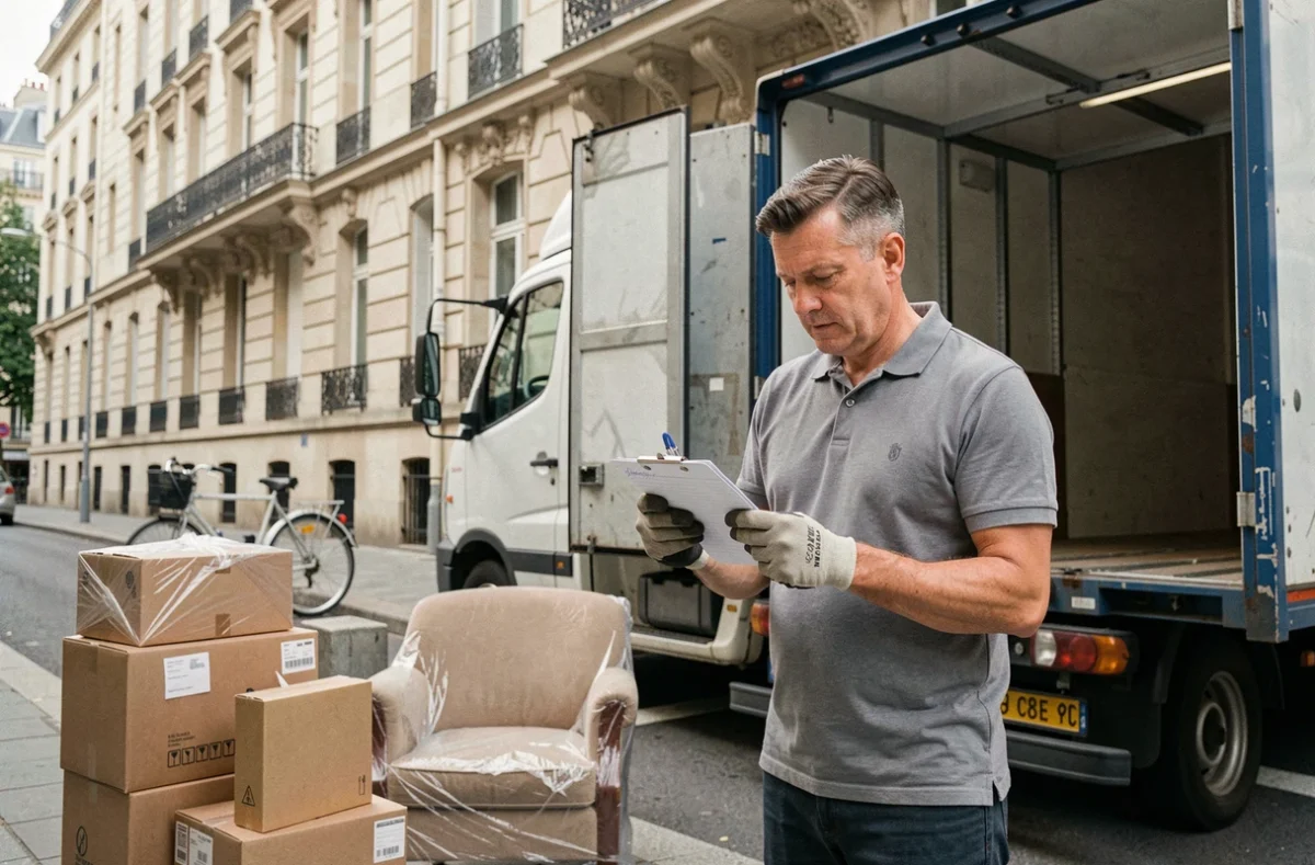 Déménageur professionnel vérifiant une liste d'inventaire devant un camion 15 m3 en milieu urbain