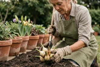Jardinière soulevant des bulbes de lys du sol avec une fourche de jardinage dans un parterre de fleurs
