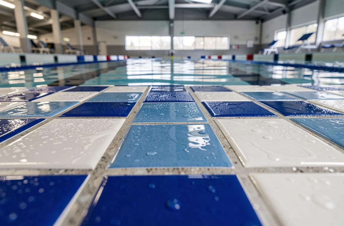 Gros plan sur carrelage mosaïque antidérapant au fond d'une piscine publique conforme aux normes françaises