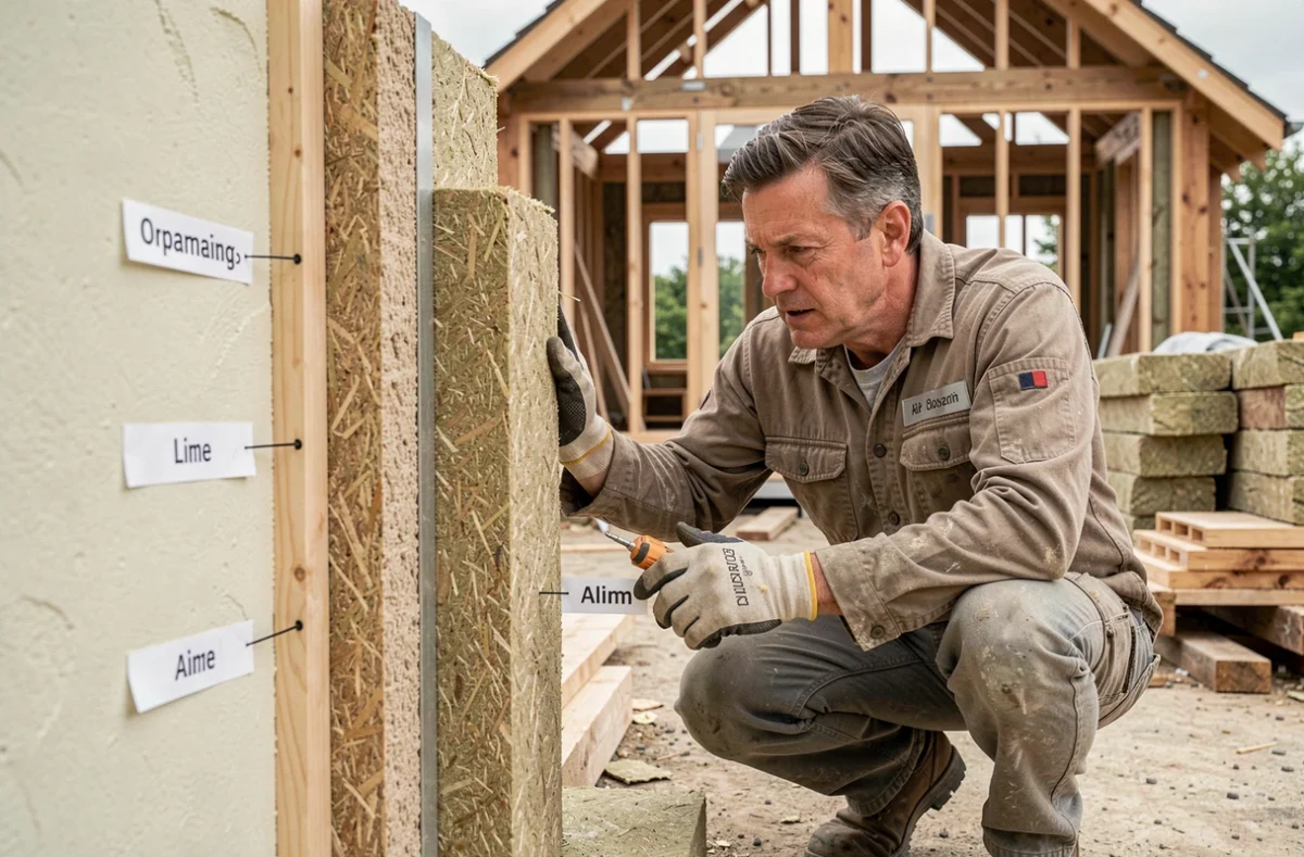 Détail en coupe d'un mur bioclimatique en chanvre et fibre de bois sur chantier de maison passive, avec ouvrier en inspection