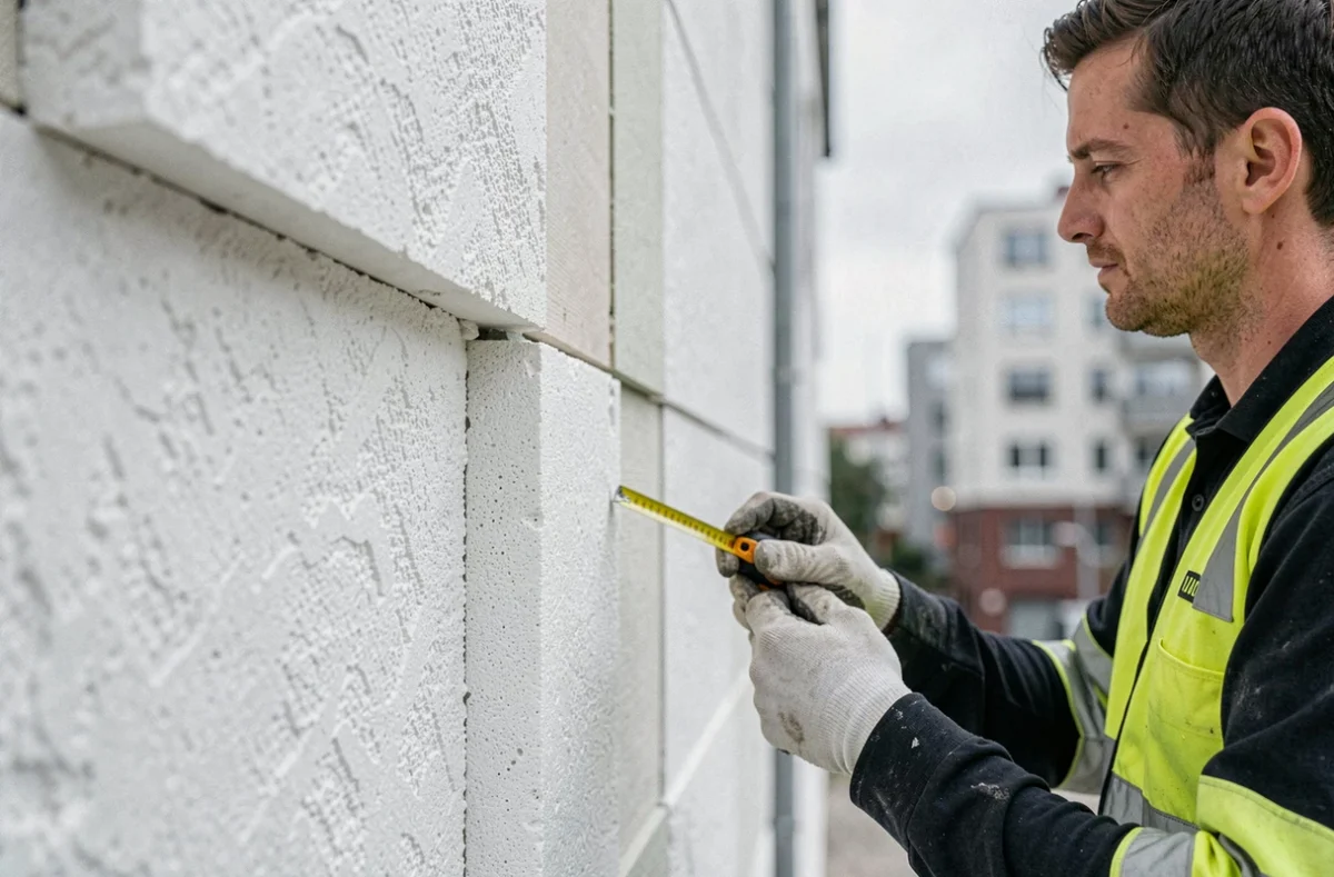 Détail technique d'un ravalement de façade avec isolation thermique par l'extérieur et technicien en inspection