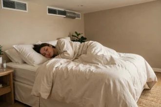 Femme dormant dans une chambre avec chauffage canalisé allumé, illustrant les effets du chauffage nocturne sur le sommeil