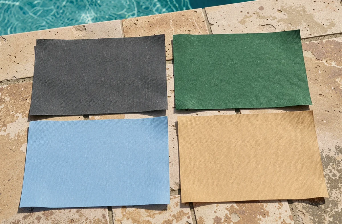 Vue aérienne de quatre échantillons de toiles de piscine en différentes couleurs posés sur du carrelage en pierre
