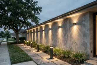 Façade de maison moderne avec éclairage extérieur LED le long d'une allée en pierre au crépuscule