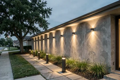 Façade de maison moderne avec éclairage extérieur LED le long d'une allée en pierre au crépuscule