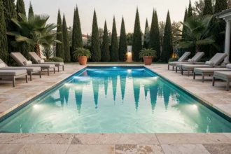 Piscine résidentielle avec éclairage LED sous-marin bleu-vert au crépuscule, entourée de dalles en pierre et de plantes tropicales