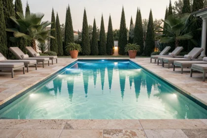 Piscine résidentielle avec éclairage LED sous-marin bleu-vert au crépuscule, entourée de dalles en pierre et de plantes tropicales