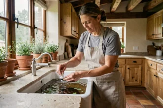 Femme ajustant un aérateur de robinet basse consommation dans une cuisine bioclimatique en pierre et bois