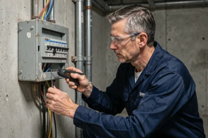 Électricien inspectant le tableau électrique d'une maison pour vérifier la mise à la terre