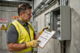 Électricien professionnel inspectant un tableau électrique industriel en consultant les normes de sécurité électrique