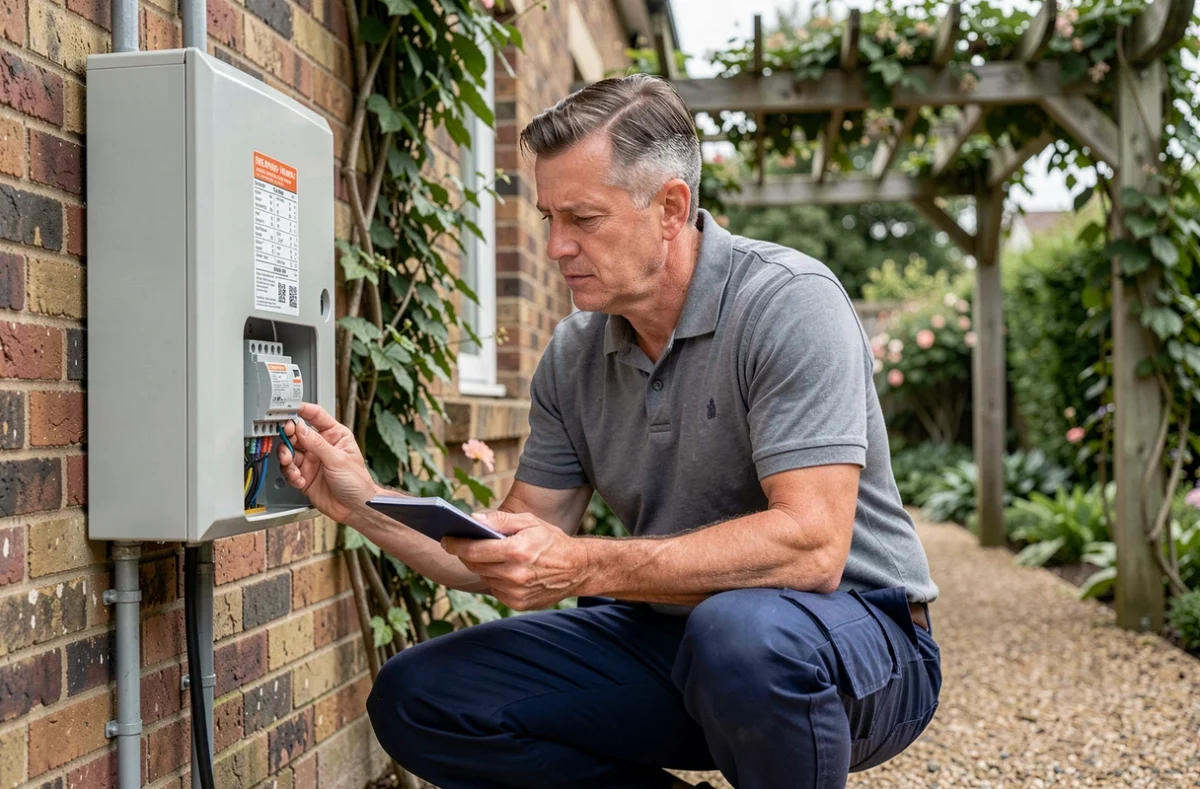 Électricien professionnel inspectant un tableau d'éclairage extérieur dans un jardin résidentiel