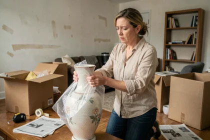Femme emballant une lampe fragile dans du papier bulle lors d'un déménagement dans un salon encombré de cartons