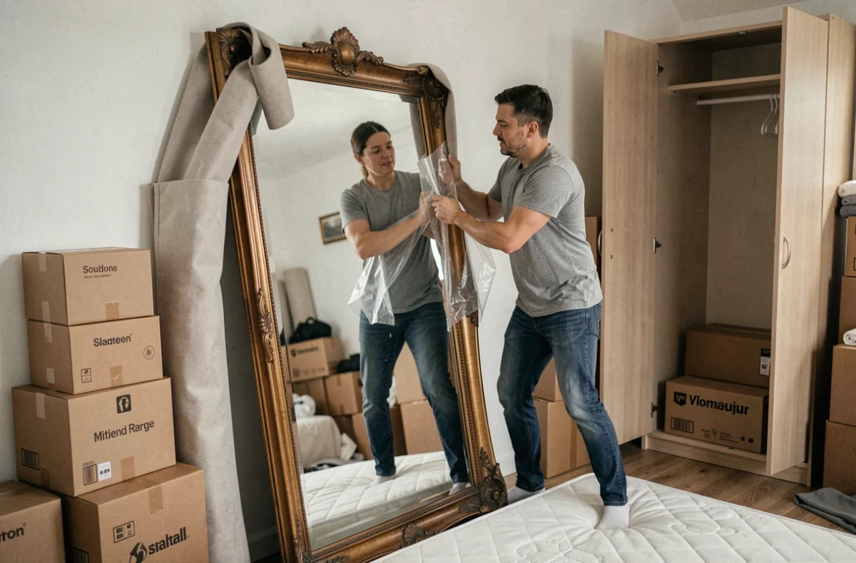 Couple emballant un grand miroir en bois avec des couvertures de déménagement dans une chambre presque entièrement vidée