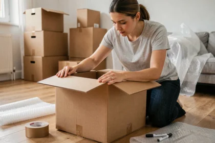 Femme emballant soigneusement un carton de déménagement avec du scotch et du papier bulle sur un parquet en bois