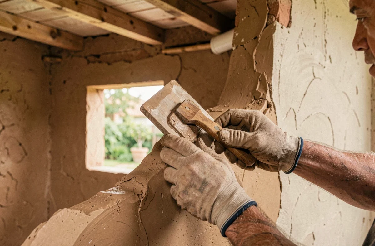 Artisan appliquant un enduit en argile naturelle sur un mur intérieur d'une maison en terre crue