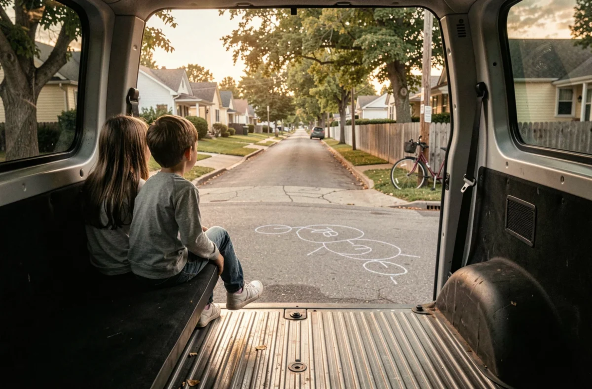 Deux enfants assis à l'arrière d'un camion de déménagement regardant leur ancien quartier s'éloigner, scène empreinte de nostalgie