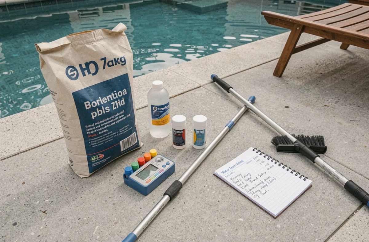 Équipement de traitement au sel pour piscine disposé sur le bord du bassin avec kit de test de l'eau