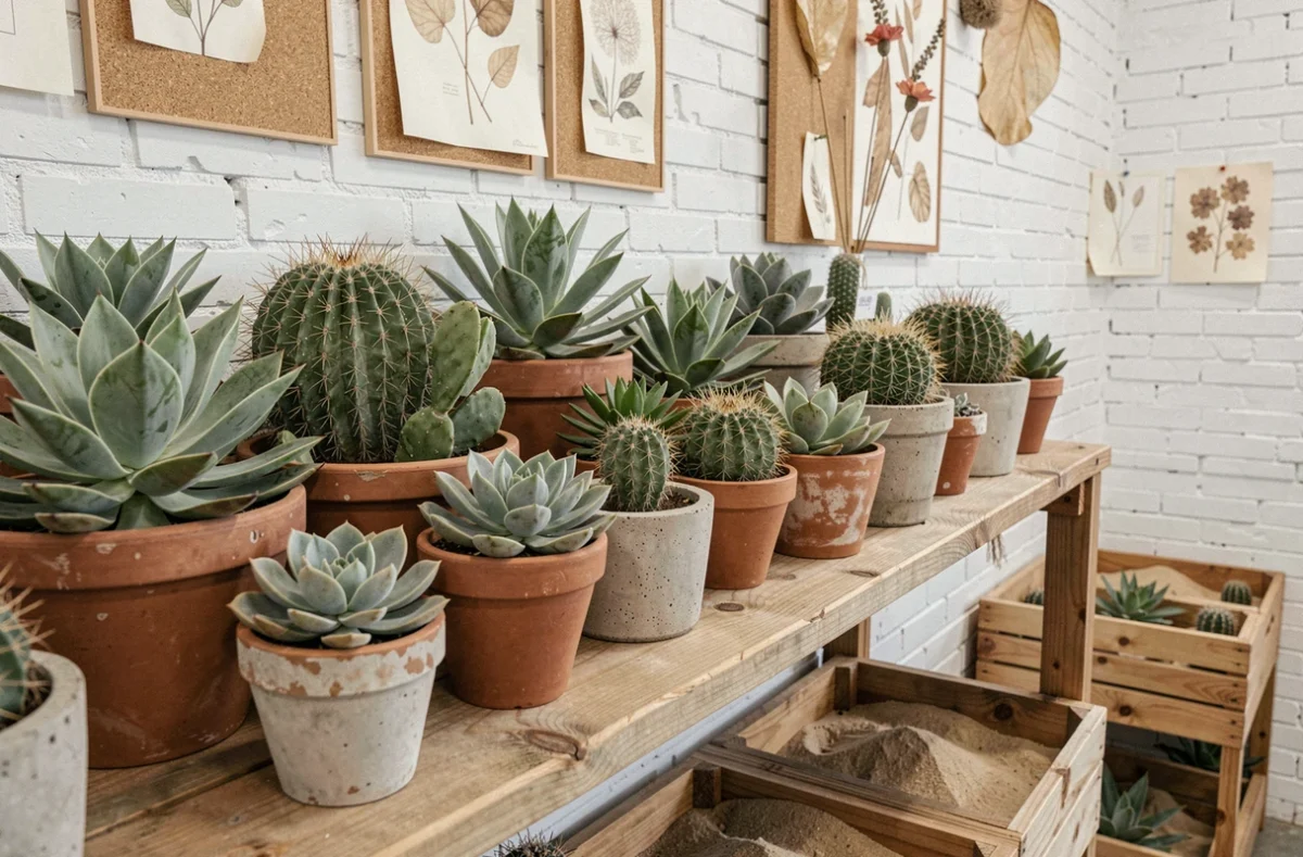 Étagère en bois rustique dans une boutique botanique minimaliste présentant des cactus et succulentes sans arrosage fréquent en pots d'argile et béton