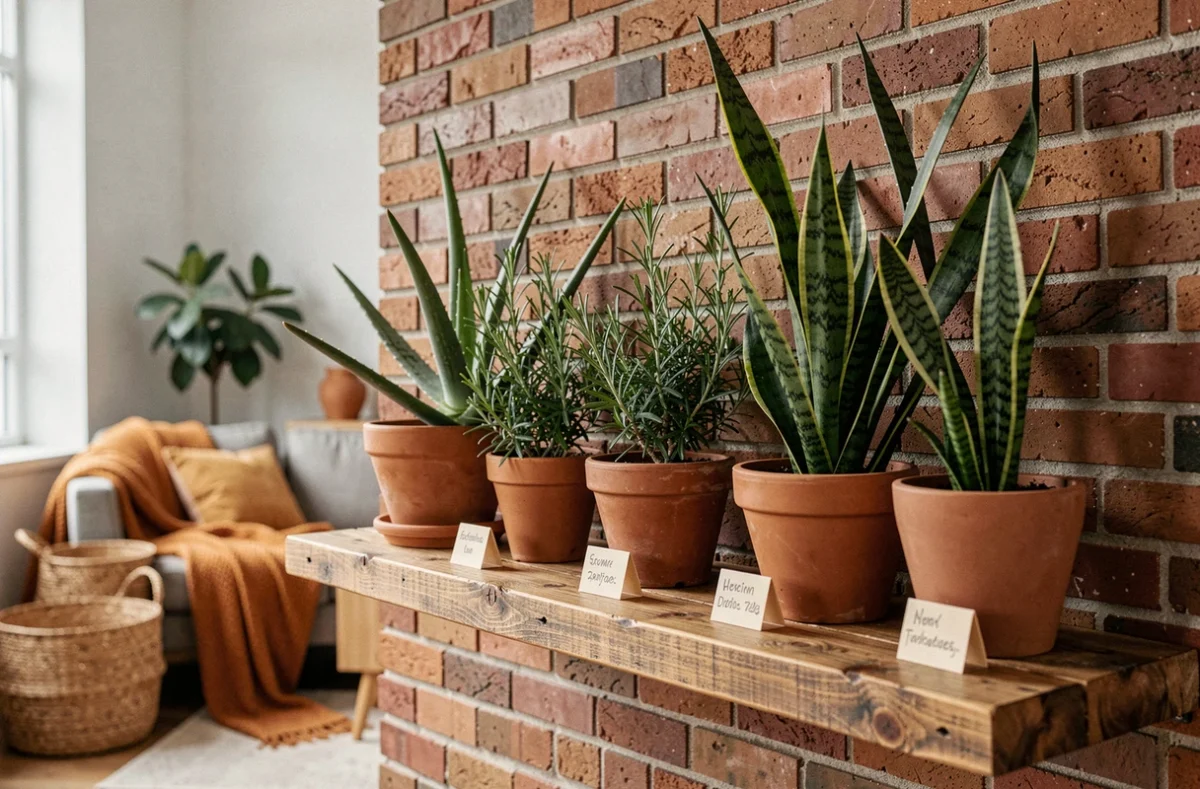 Étagère en bois avec des plantes protectrices comme l'aloe vera, le romarin et le sansevière dans un appartement moderne
