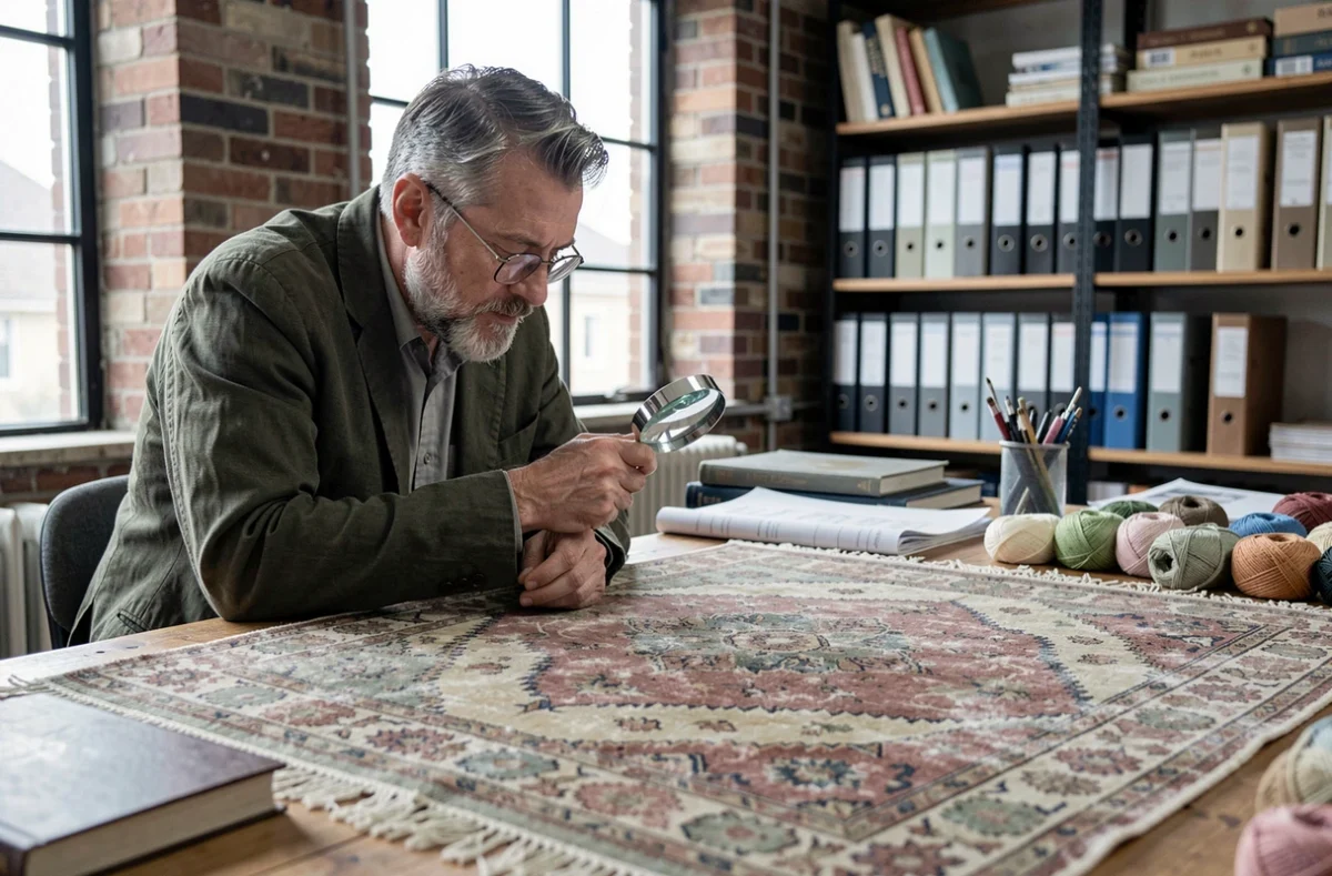 Expert en textile authentifiant un vieux tapis oriental à la loupe dans un atelier de conservation spécialisé