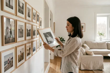 Femme arrangeant une galerie de photos encadrées sur un mur blanc dans un salon scandinave minimaliste