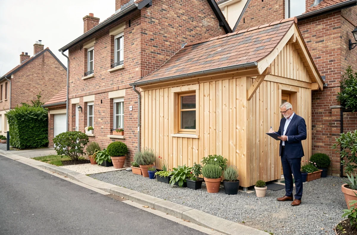 Professionnel immobilier évaluant une petite extension en bois de 20 m² accolée à une maison de ville