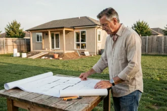 Homme consultant des plans d'architecte devant une extension de maison en construction dans un jardin