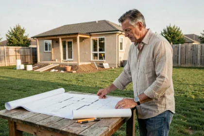 Homme consultant des plans d'architecte devant une extension de maison en construction dans un jardin