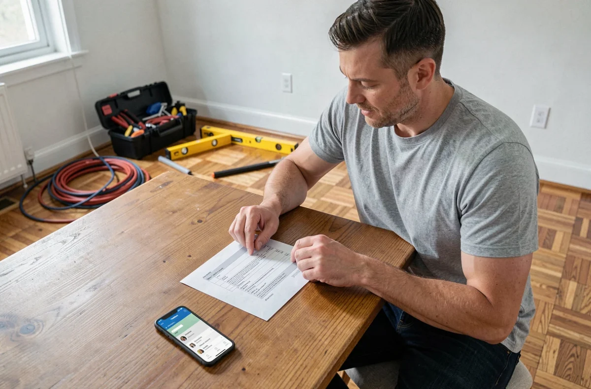 Un homme consulte une facture d'artisan posée sur une table à côté d'une application bancaire sur smartphone pour effectuer un virement