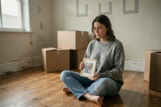Femme assise sur le plancher d'un appartement vide entourée de cartons de déménagement, tenant une photo de famille avec une expression mélancolique