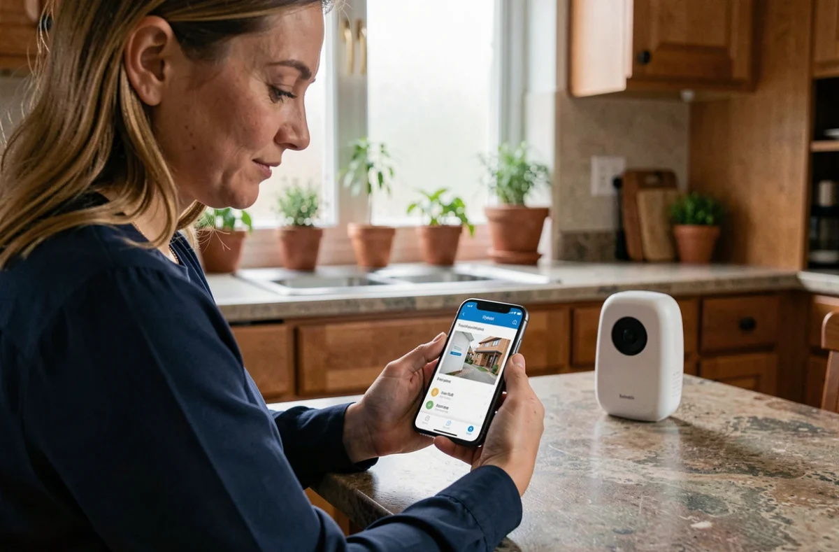 Une femme consultant l'application de son alarme Homiris sur smartphone dans une cuisine moderne, en lien avec la connectivité internet du système de sécurité