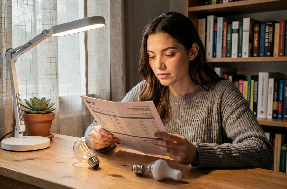 Jeune femme à son bureau à domicile comparant une ampoule LED et une ampoule incandescente en consultant une facture d'électricité